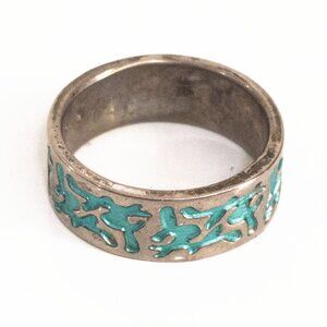 Vintage Sz 9 Silver Turquoise Enamel Ring 19mm Boho Festival Coastal Vacation